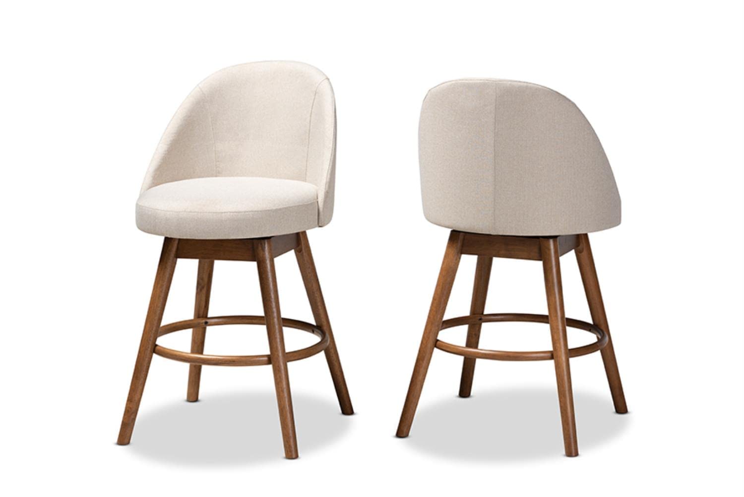 Baxton Studio Carra Mid-Century Modern Light Beige Fabric Upholstered Walnut-Finished Wood Swivel Counter Stool (Set of 2)