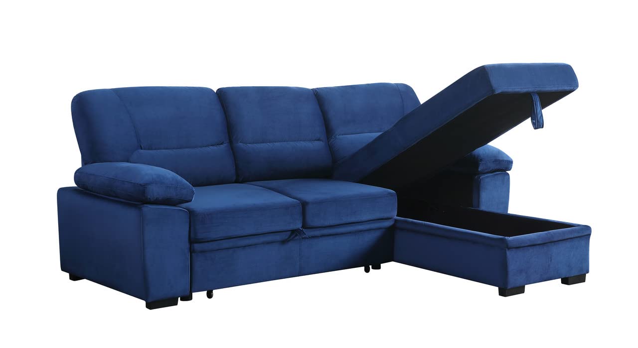 Lilola Home Kipling Blue Velvet Fabric Reversible Sleeper Sectional Sofa Chaise