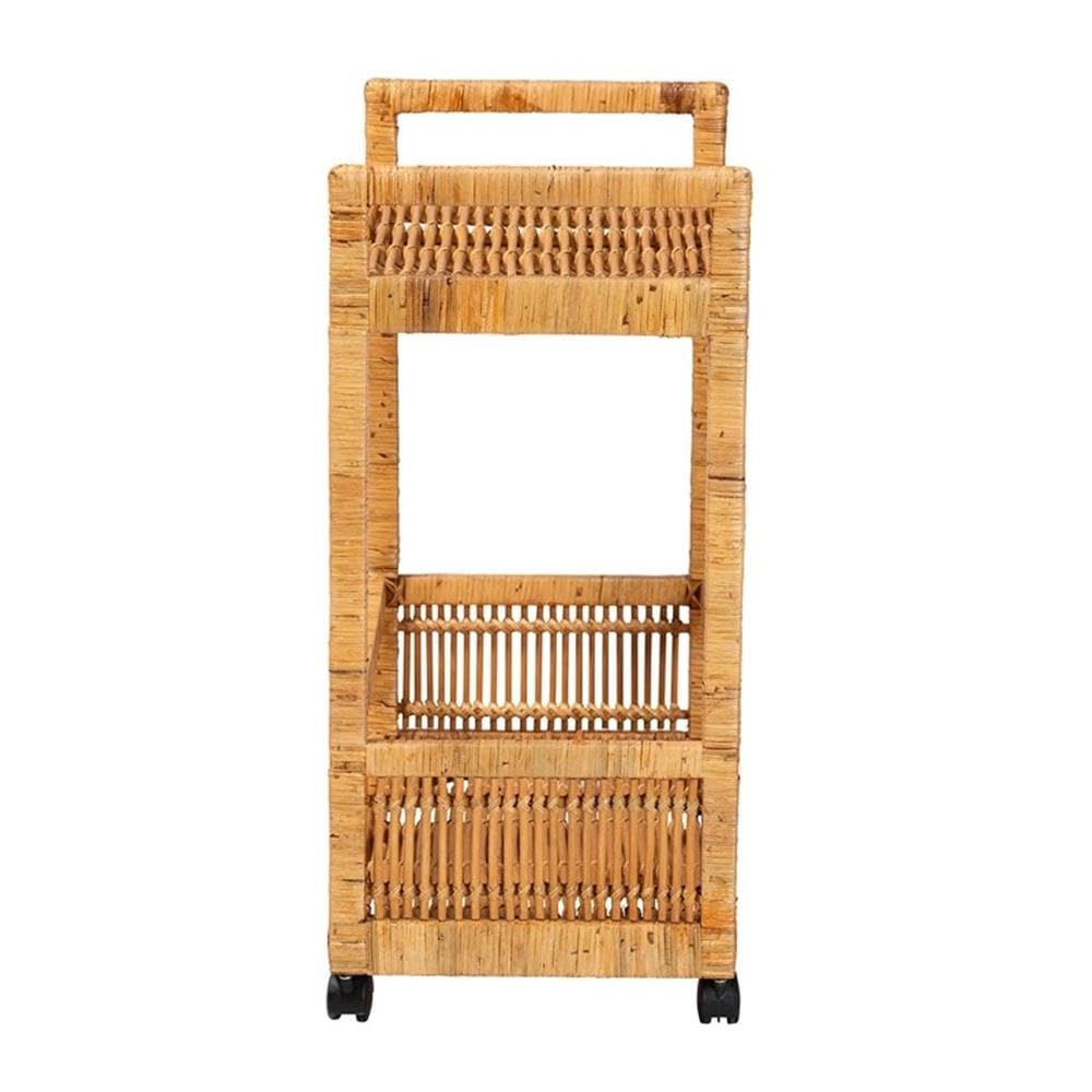 bali & pari Genet Natural Brown Rattan and Teak Wood 2-Tier Kitchen Cart