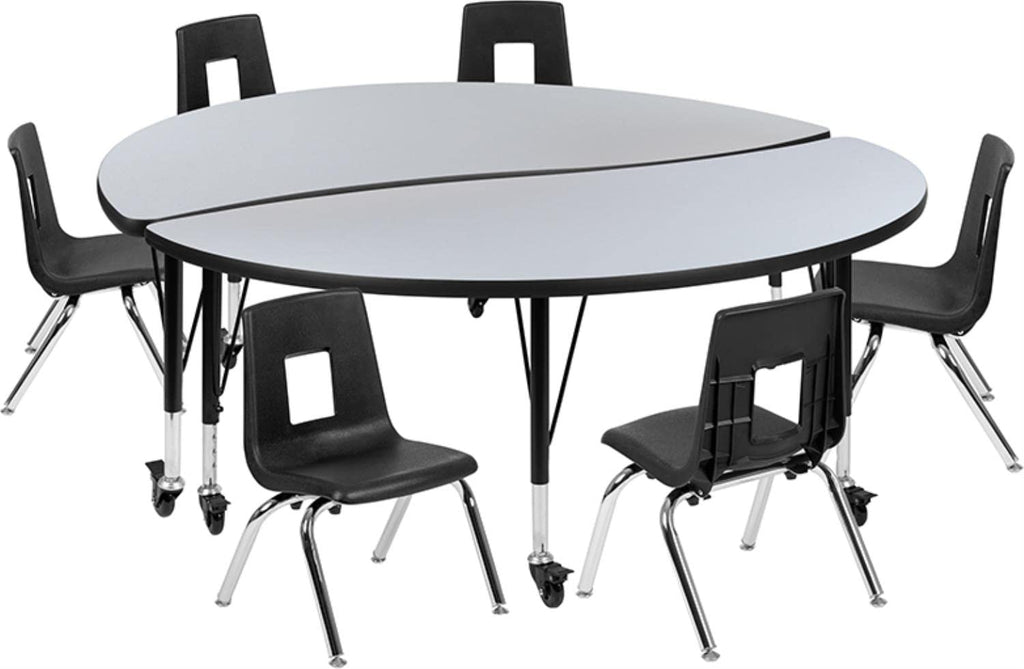 Flash Furniture Mobile 60" Circle Wave Collaborative Laminate Activity Table Set With 14" Student Stack Chairs, Grey/Black