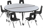 Flash Furniture Mobile 60" Circle Wave Collaborative Laminate Activity Table Set With 14" Student Stack Chairs, Grey/Black