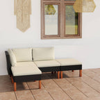 vidaXL Patio Lounge Set, 4-Piece, Poly Rattan, Black, with Cushions - Weather Resistant Garden Sofa and Footrests with Eucalyptus Wood Legs