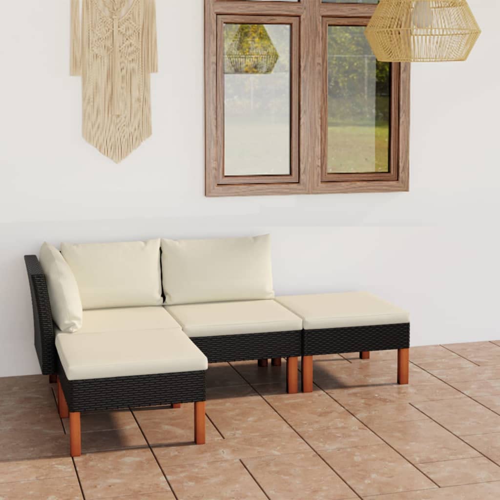 vidaXL Patio Lounge Set, 4-Piece, Poly Rattan, Black, with Cushions - Weather Resistant Garden Sofa and Footrests with Eucalyptus Wood Legs