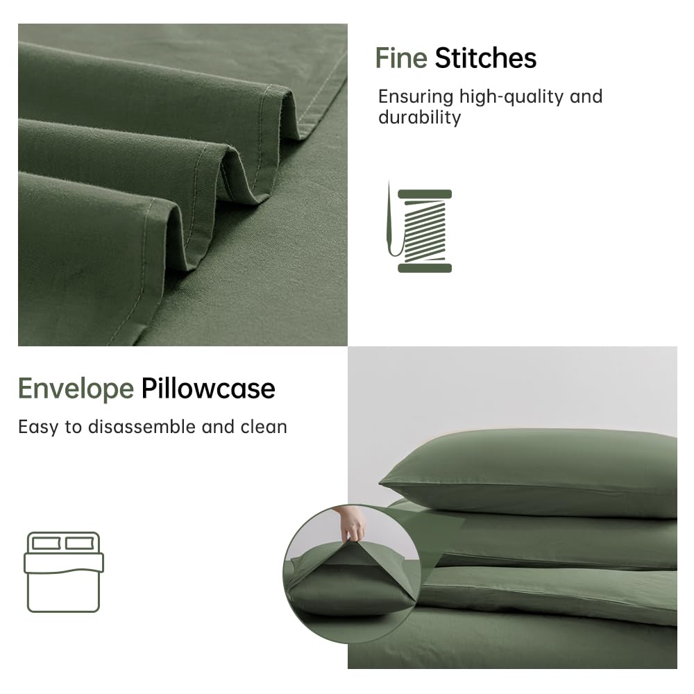 Jellymoni Green Duvet Cover Twin Size - 100% Washed Cotton Linen Feel Textured Comforter Cover, 2 Pieces Breathable Soft Bedding