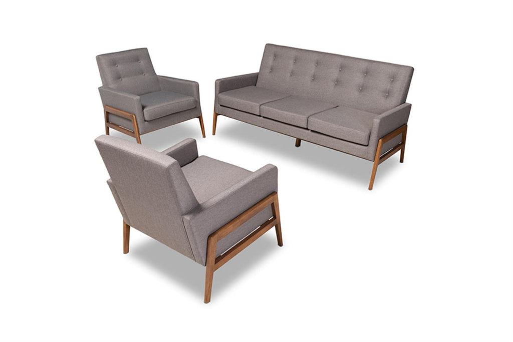 Baxton Studio Perris Mid-Century Modern Light Grey Fabric Upholstered Walnut Finished Wood 3-Piece Living Room Set
