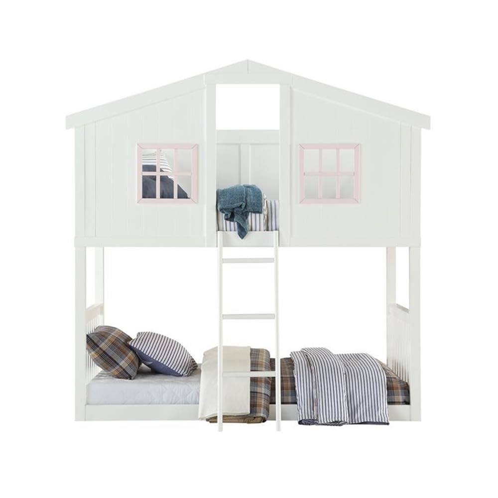 Acme Rohan Cottage Twin Over Twin Bunk Bed in White & Pink