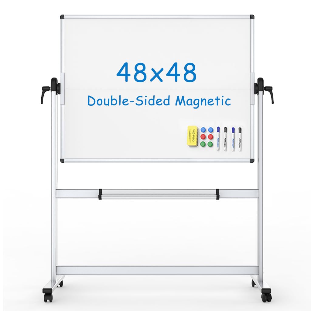 Viz-Pro Double-Sided Mobile Whiteboard, 48 X 48 Inches, Magnetic Rolling Dry Erase White Board On Wheels With Aluminium Frame An