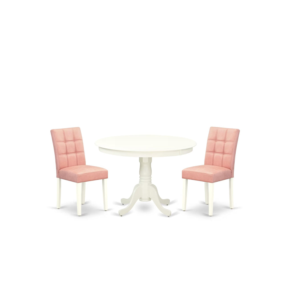 East West Furniture Hlas3-Lwh-42 3 Piece Dinner Table Set Includes A Wood Table And 2 Beige Red Faux Leather Dining Chairs With Stylish Back- Linen White Finish