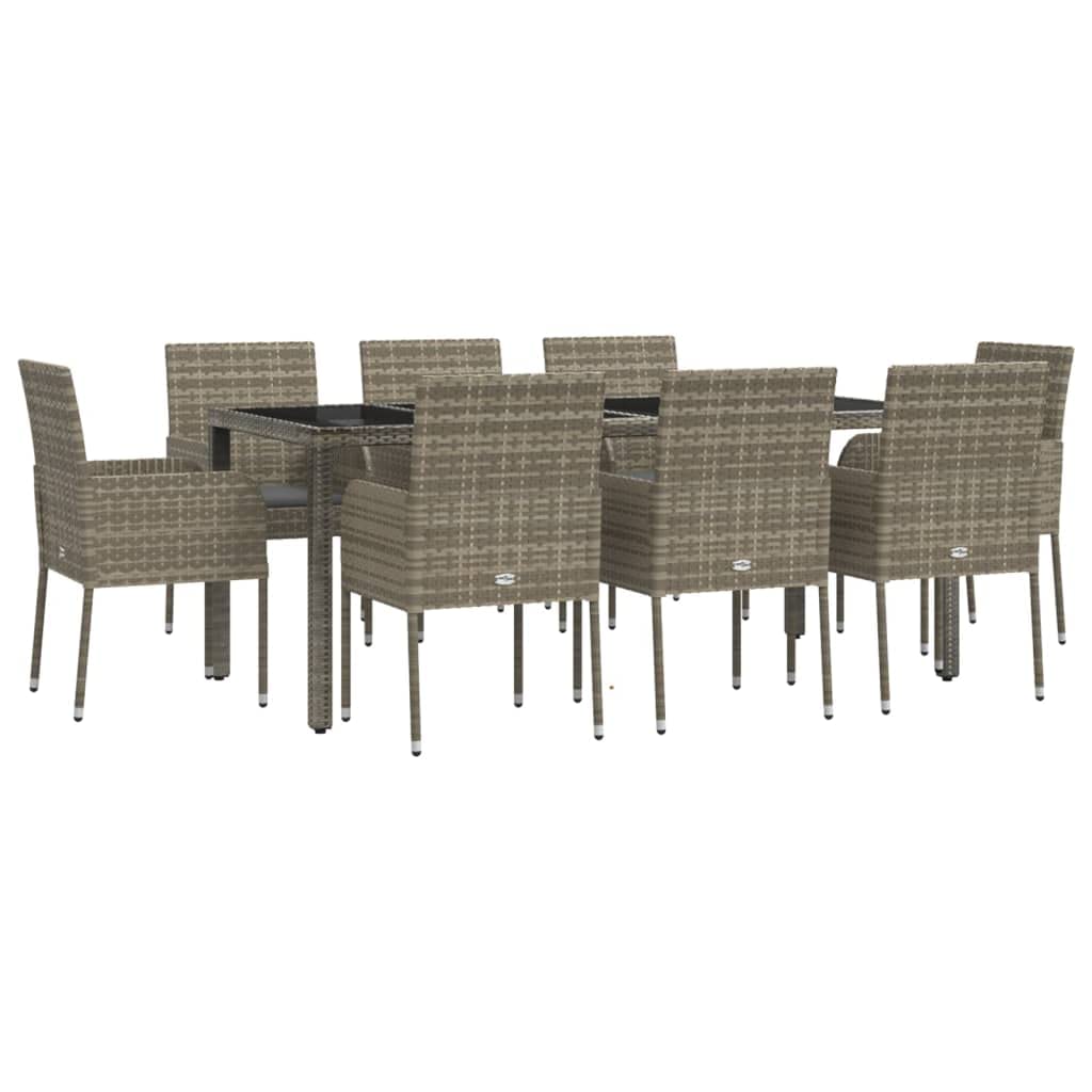 vidaXL Gray Poly Rattan 9-Piece Outdoor Patio Dining Set Featuring Tempered Glass Tabletop & Cushion, Weather-Resistant, Sturdy Steel Frame & Flexible Modular Design