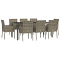vidaXL Gray Poly Rattan 9-Piece Outdoor Patio Dining Set Featuring Tempered Glass Tabletop & Cushion, Weather-Resistant, Sturdy Steel Frame & Flexible Modular Design