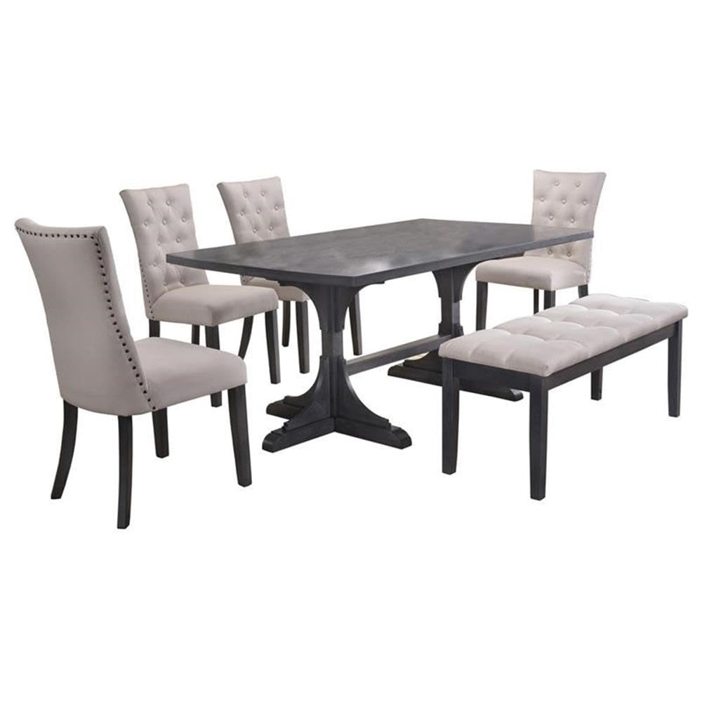 Best Quality Furniture Light Gray Linen Look Upholstered 6 Piece Dining Set With Bench