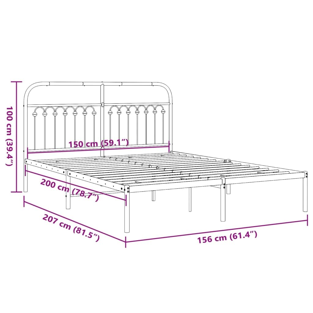 vidaXL Metal Bed Frame with Headboard - Black Steel, Double/Full Size, 59.1" x 78.7", Extra Storage Space, Sturdy and Durable, Ideal for Bedrooms