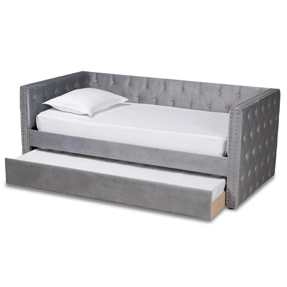 Baxton Studio Larkin Modern and Contemporary Grey Velvet Fabric Upholstered Twin Size Daybed with Trundle