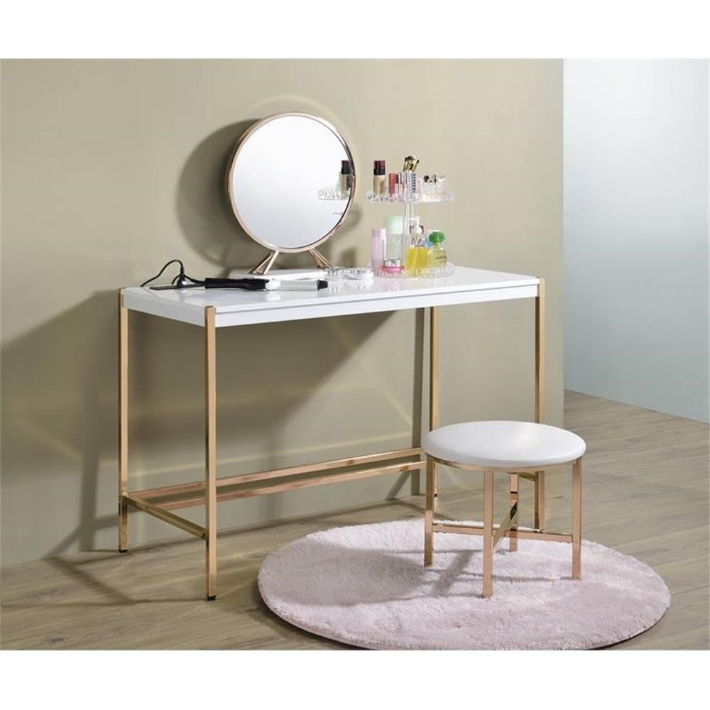 Acme Midriaks Wooden Top Writing Desk with USB Port in White and Gold
