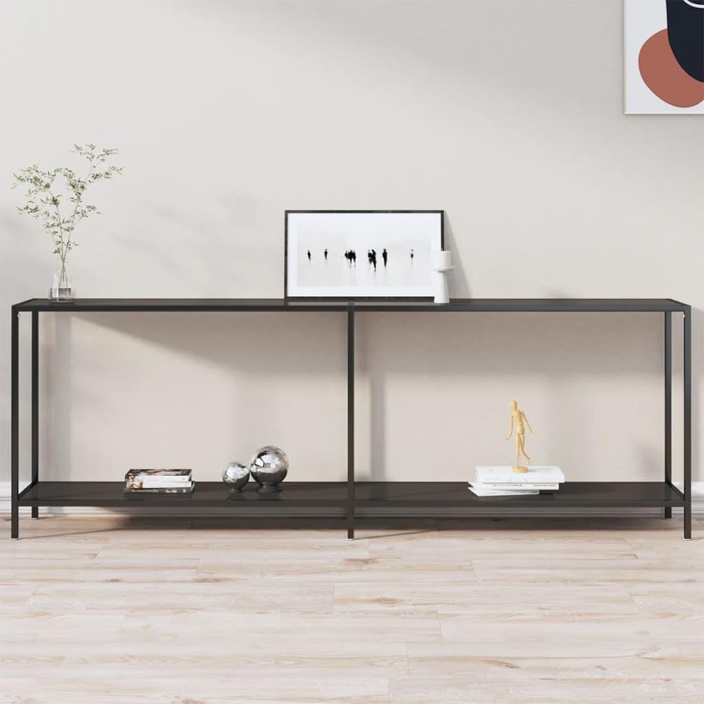 vidaXL Scandinavian Styled Tempered Glass and Powder-Coated Steel Console Table in Black with Extra Storage Shelf
