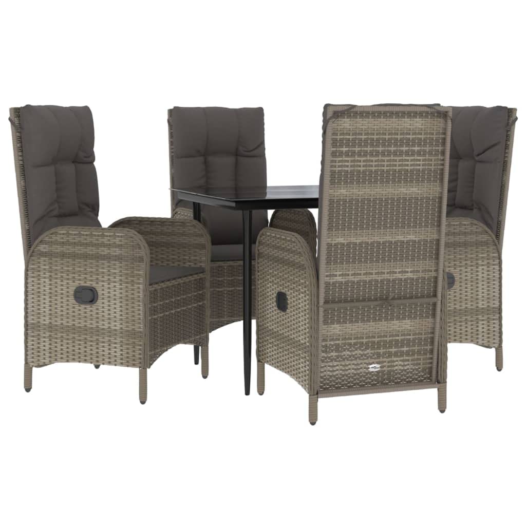 vidaXL 5 Piece Patio Dining Set - Reclining Garden Chairs and Cushions, Black/Gray Poly Rattan with Tempered Glass Tabletop, Weather Resistant