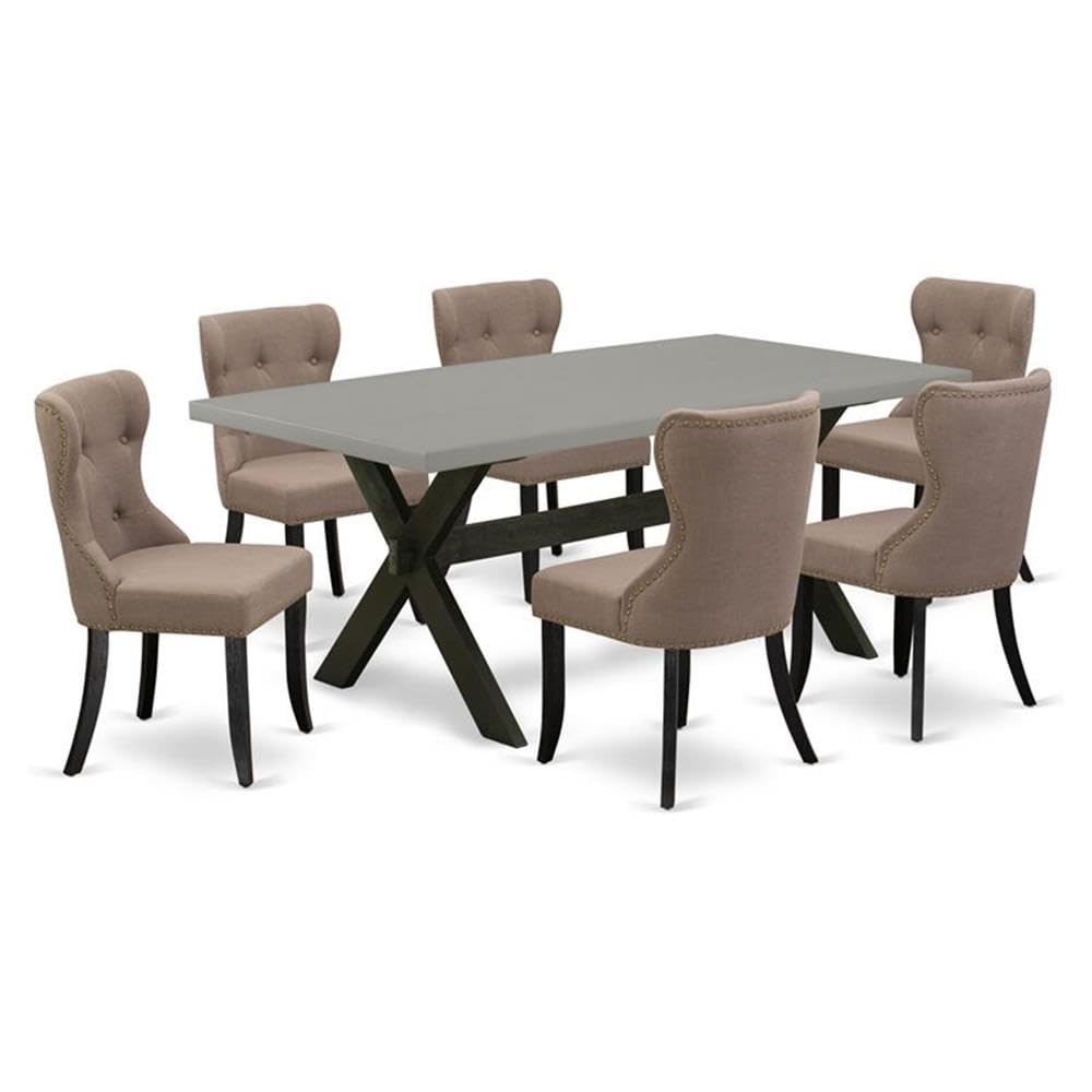 East West Furniture X697Si648-7 7 Piece Dining Set Consist Of A Rectangle Dining Room Table With X-Legs And 6 Coffee Linen Fabric Upholstered Chairs, 40X72 Inch, Multi-Color