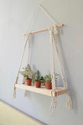 Aain Wooden Floating Shelf With Macrame Modern Chic Hand Woven Art Decor For Apartment Dorm Bedroom Living Room Nursery Boho She