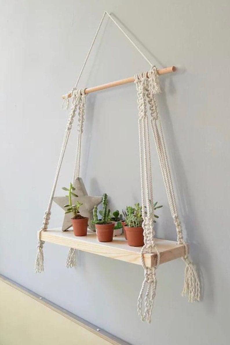 Aain Wooden Floating Shelf With Macrame Modern Chic Hand Woven Art Decor For Apartment Dorm Bedroom Living Room Nursery Boho She