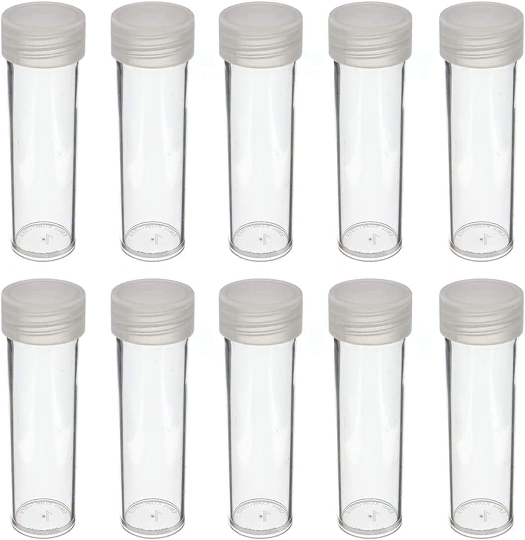 (10) Round Clear Plastic (Penny Cent) Size Coin Storage Tube Holders Screw On Lid