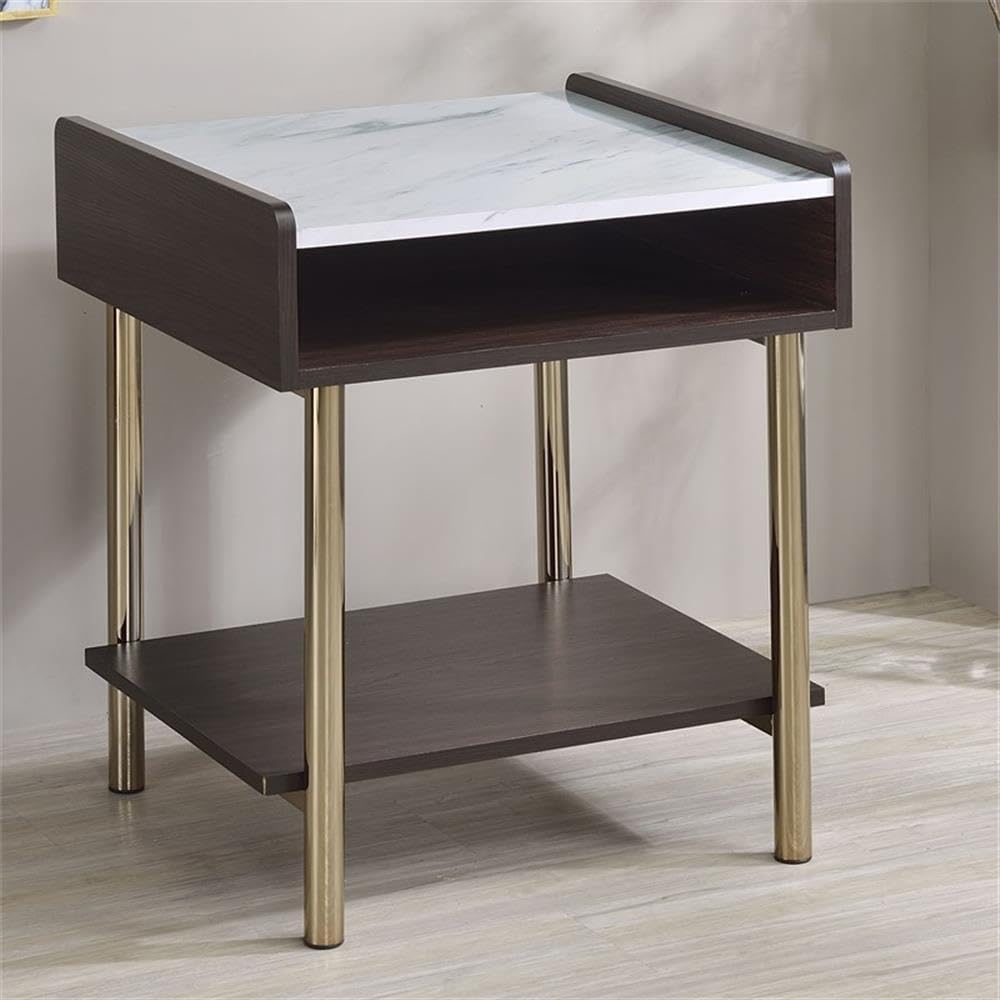 Steve Silver Furniture Versatile Side Table, Nightstand, Faux Walnut And Marble, Iron Base, Adjustable Levelers, Mid-Century, Modern, Contemporary, Easy Assembly, 19'D X 20.25'W X 24'H, Walnut, White
