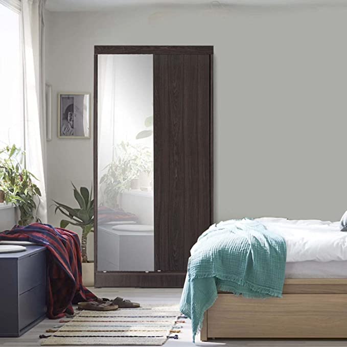 Woodpeckers Furniture And Mattress Mirror Wood Double Sliding Door Wardrobe (Tobacco)
