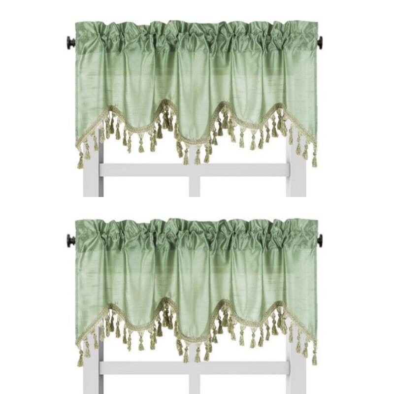 Solid Faux Silk Swag Waterfall Cascade Ascot Window Curtain Valance W/Tassels Trim 55' X18' Wave (2, Sage Green)