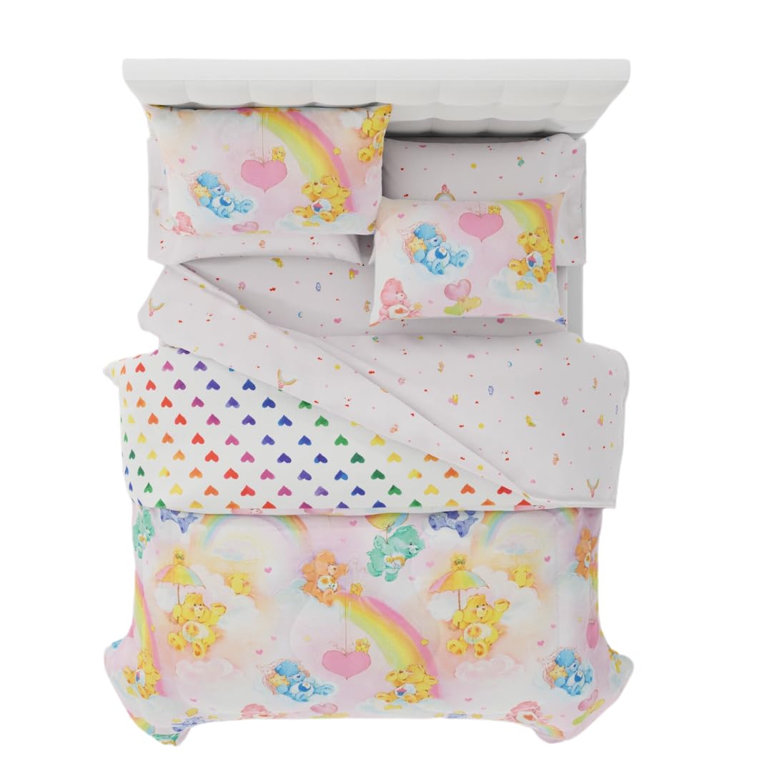 Franco Care Bears Classic Retro Rainbow Bedding 7 Piece Super Soft Comforter And Sheet Set With Sham, Queen, (100% Official Lice