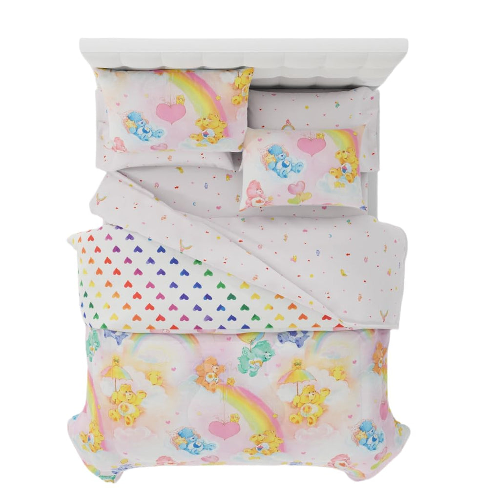 Franco Care Bears Classic Retro Rainbow Bedding 7 Piece Super Soft Comforter And Sheet Set With Sham, Full, (100% Official Licen