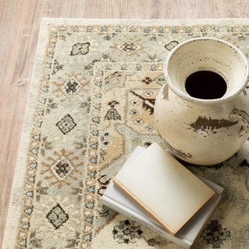 HomeRoots 508859 8 x 11 ft. Beige Gray Tan & Brown Oriental Power Loom Stain Resistant Rectangle Area Rug