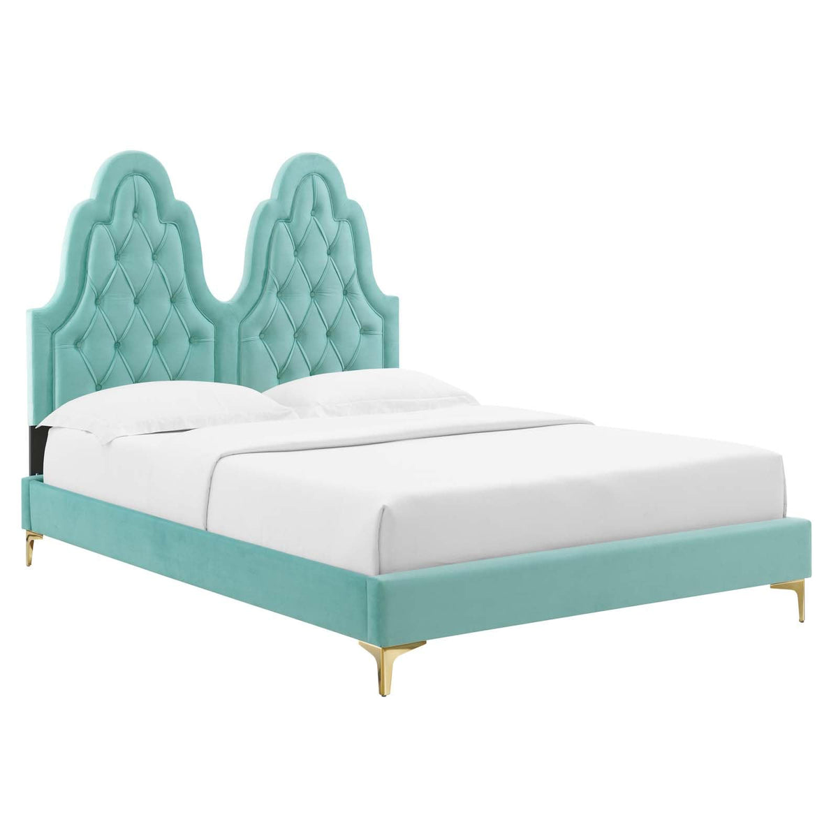 Modway Alexandria Tufted Performance Velvet Platform Bed with Gold Legs, Twin, Mint