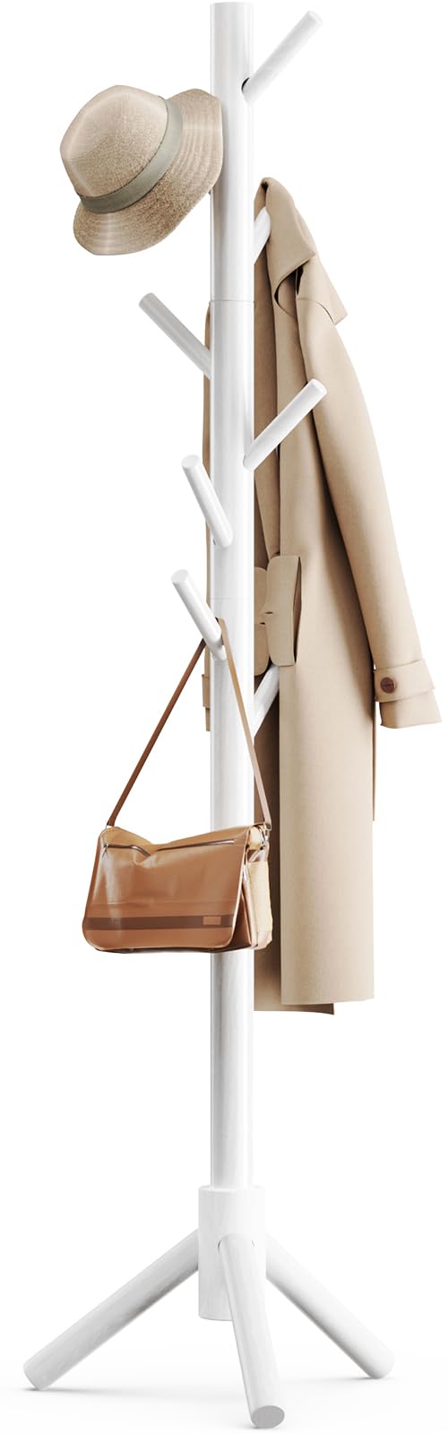 Pipishell Sturdy Wooden Coat Stand, 3 Adjustable Sizes Coat Tree With 8 Hooks, Coat Stands For Hallway Entryway, Hat Stand For Clothes, Used In Bedroom/Office/Hallway/Entryway, White