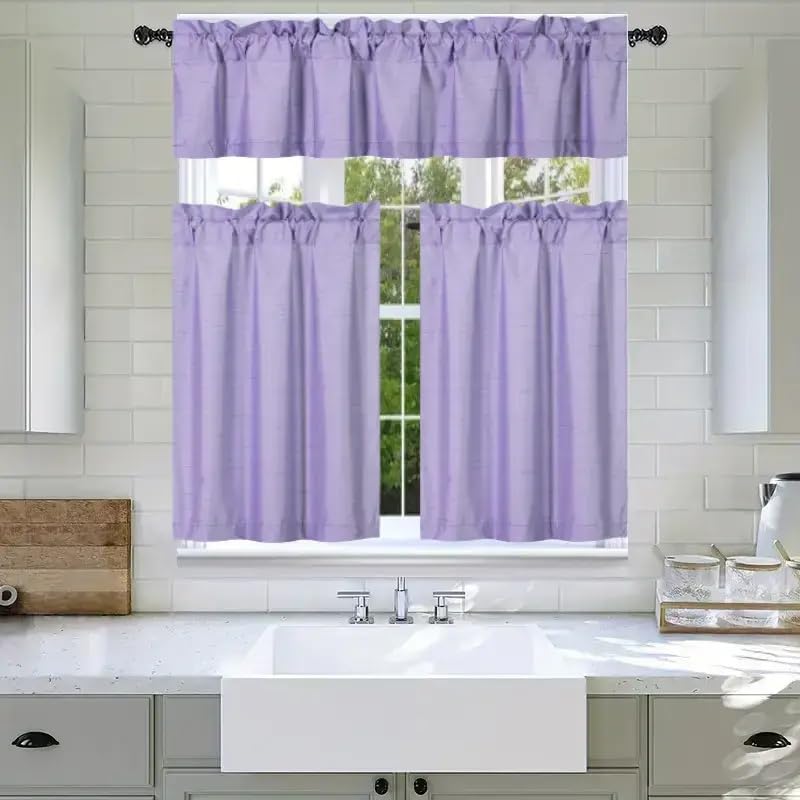 3Pc Set Solid Faux Silk Lined Blackout Rod Pocket Small Kitchen Window Curtain With Valance (K3) (Lilac)