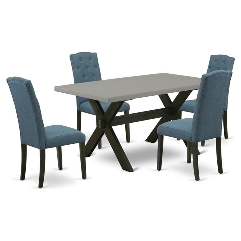 East West Furniture X696Ce121-5 5 Piece Dining Room Table Set Includes A Rectangle Kitchen Table With X-Legs And 4 Mineral Blue Linen Fabric Parson Dining Chairs, 36X60 Inch, Multi-Color