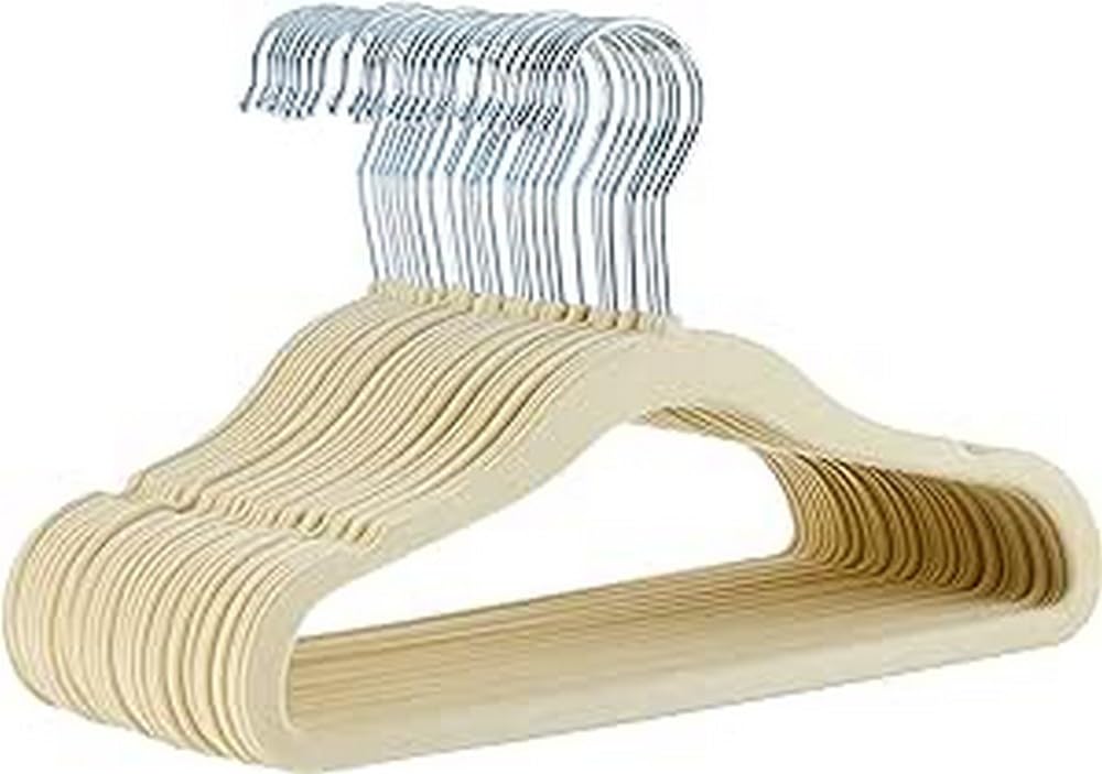 Amazon Basics Kids Velvet, Non-Slip Clothes Hangers for Infant and Toddler, 11.6 Inches (for baby clothes), Pack of 30, Beige