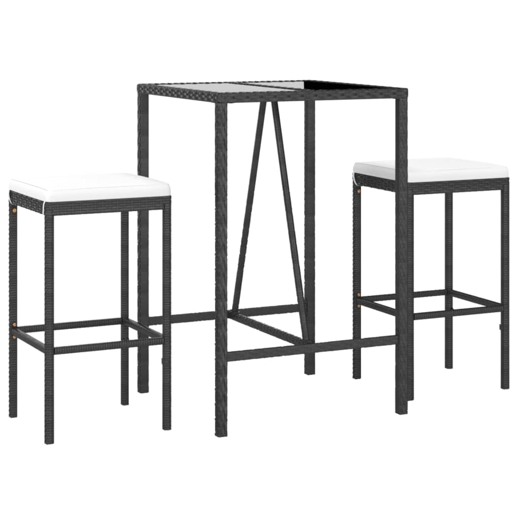 vidaXL - 3 Piece Patio Bar Set with Cushions Black Poly Rattan/Stylish Garden Pub Table and Stools/Tempered Glass Top/Weather-Resistant for Patio, Deck, Outdoor Lounge Area