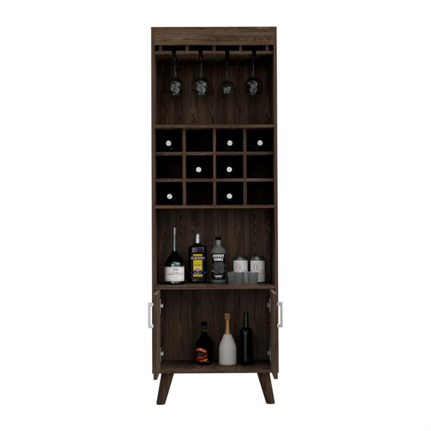 Harvey Bar Double Door Cabinet, 12 Wine Cubbbies, 2 Shelves, Dark Walnut