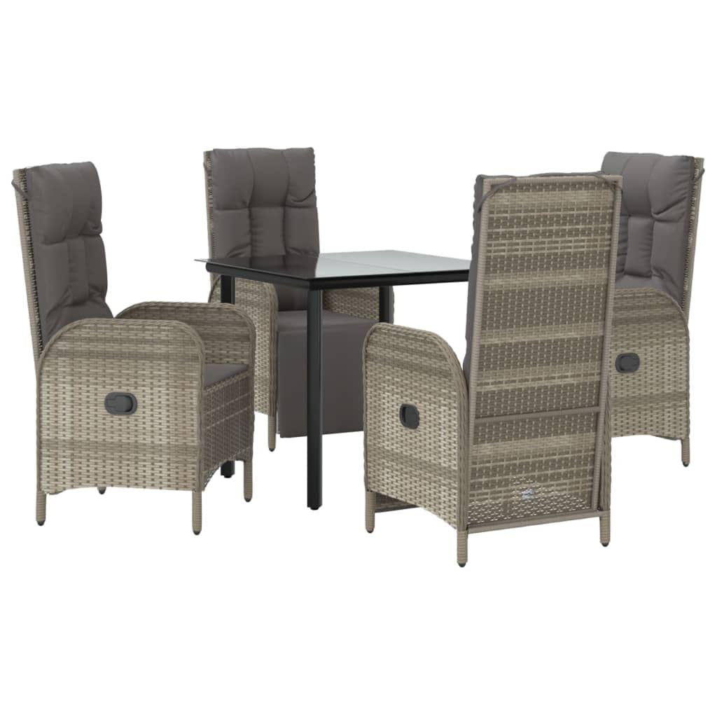 vidaXL 5-Piece Outdoor Patio Dining and Lounge Set - Black and Gray Poly Rattan, Adjustable Reclining Chairs with Cushions, Tempered Glass Table