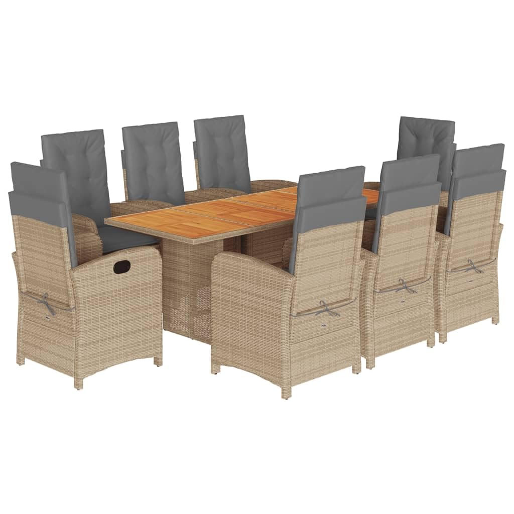 vidaXL 9-Piece Outdoor Patio Dining Set - Gray/Navy Poly Rattan with Foldable Chairs, Cushions, Acacia Tabletop for Garden/Deck