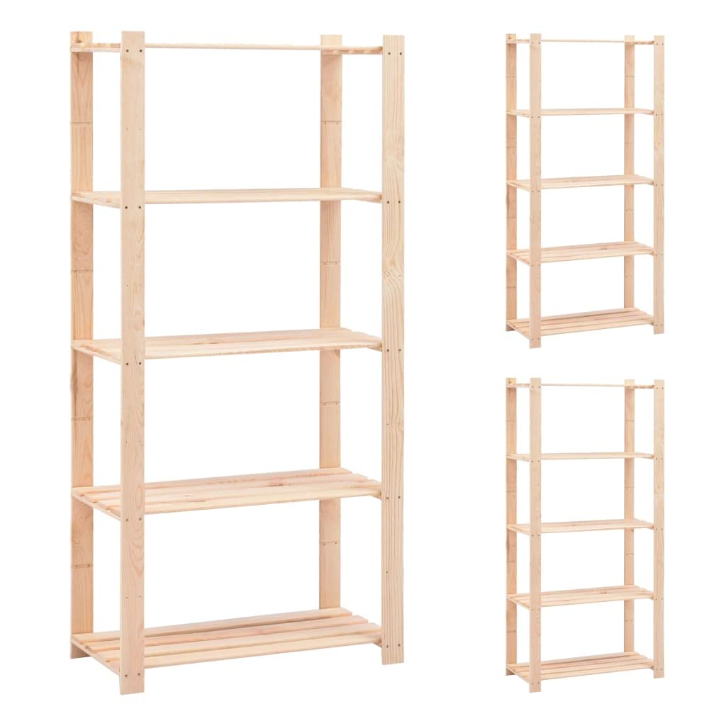 Vidaxl 3-Pack Solid Pine Wood Shelving Units - 5-Tier Storage Racks, 551.2 Lb Capacity, Beige, 31.5&quot;X15&quot;X66.9&quot;