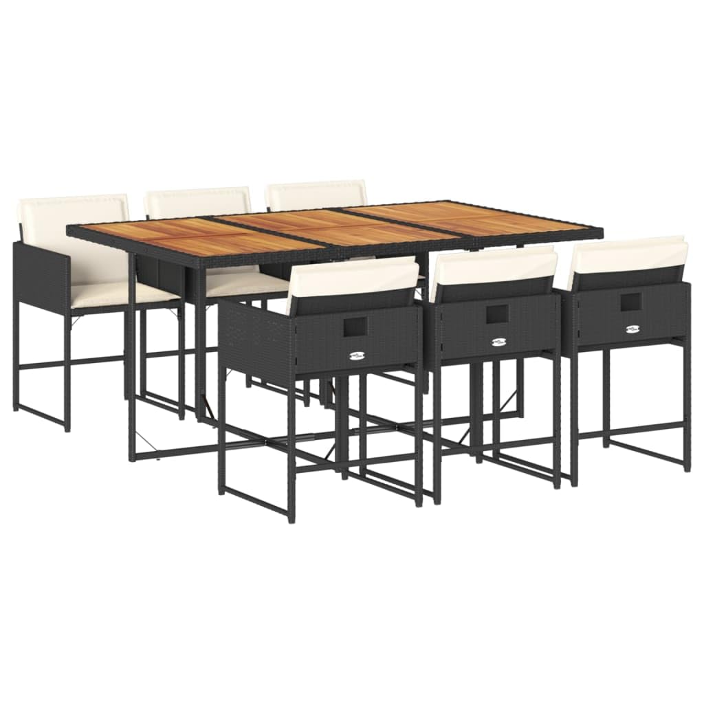 vidaXL - 7 Piece Patio Dining Set with Cushions Black Poly Rattan & Acacia Wood, UV-Resistant, Foldable Chairs, Compact Storage, Ideal for Garden/Backyard/Patio