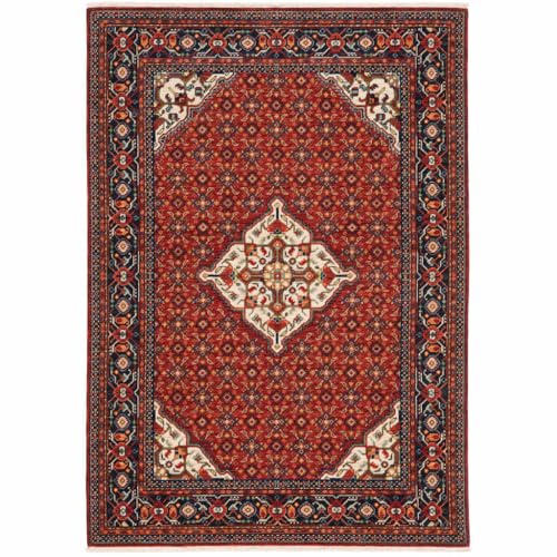 HomeRoots 509219 8 x 11 ft. Red Blue Ivory & Orange Oriental Power Loom Stain Resistant Rectangle Area Rug with Fringe