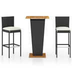 vidaXL 3 Piece Patio Bar Set with Cushions - Poly Rattan Black - Powder-Coated Steel Frame and Solid Acacia Wood - Outdoor Furniture for Garden, Deck, Backyard