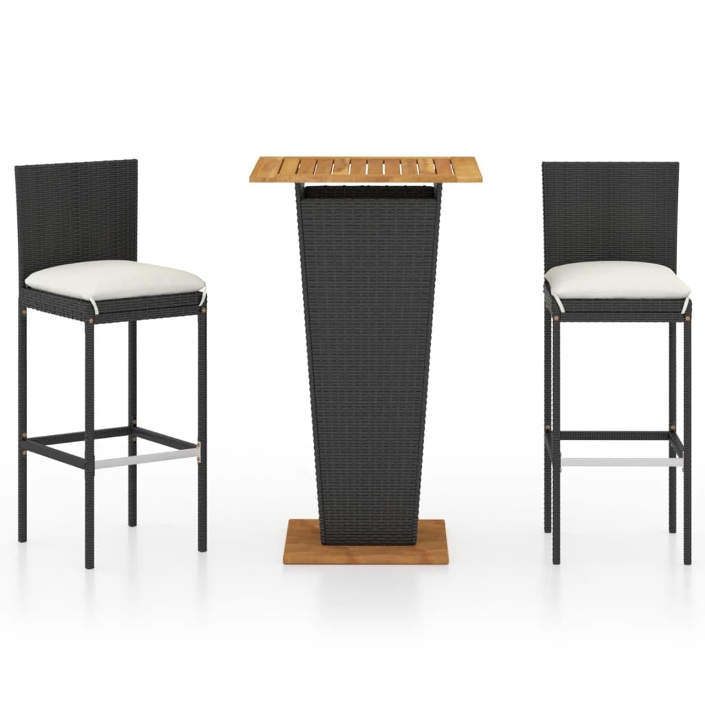 vidaXL 3 Piece Patio Bar Set with Cushions - Poly Rattan Black - Powder-Coated Steel Frame and Solid Acacia Wood - Outdoor Furniture for Garden, Deck, Backyard