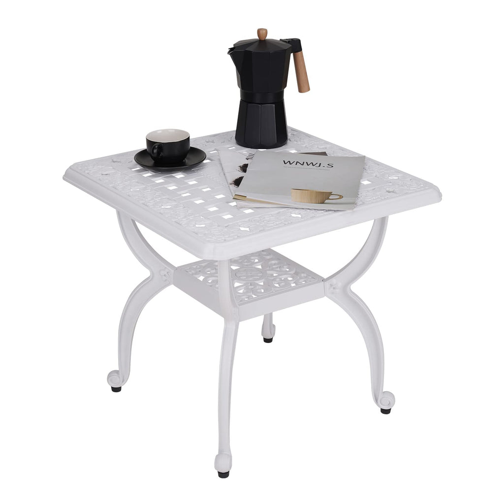 Jardin De Centennial Cast Aluminum Outdoor Side Table,Anti-Rust Outdoor End Table,Patio Coffee Bistro Table For Indoor,Garden,Porch,Balcony(Square White)