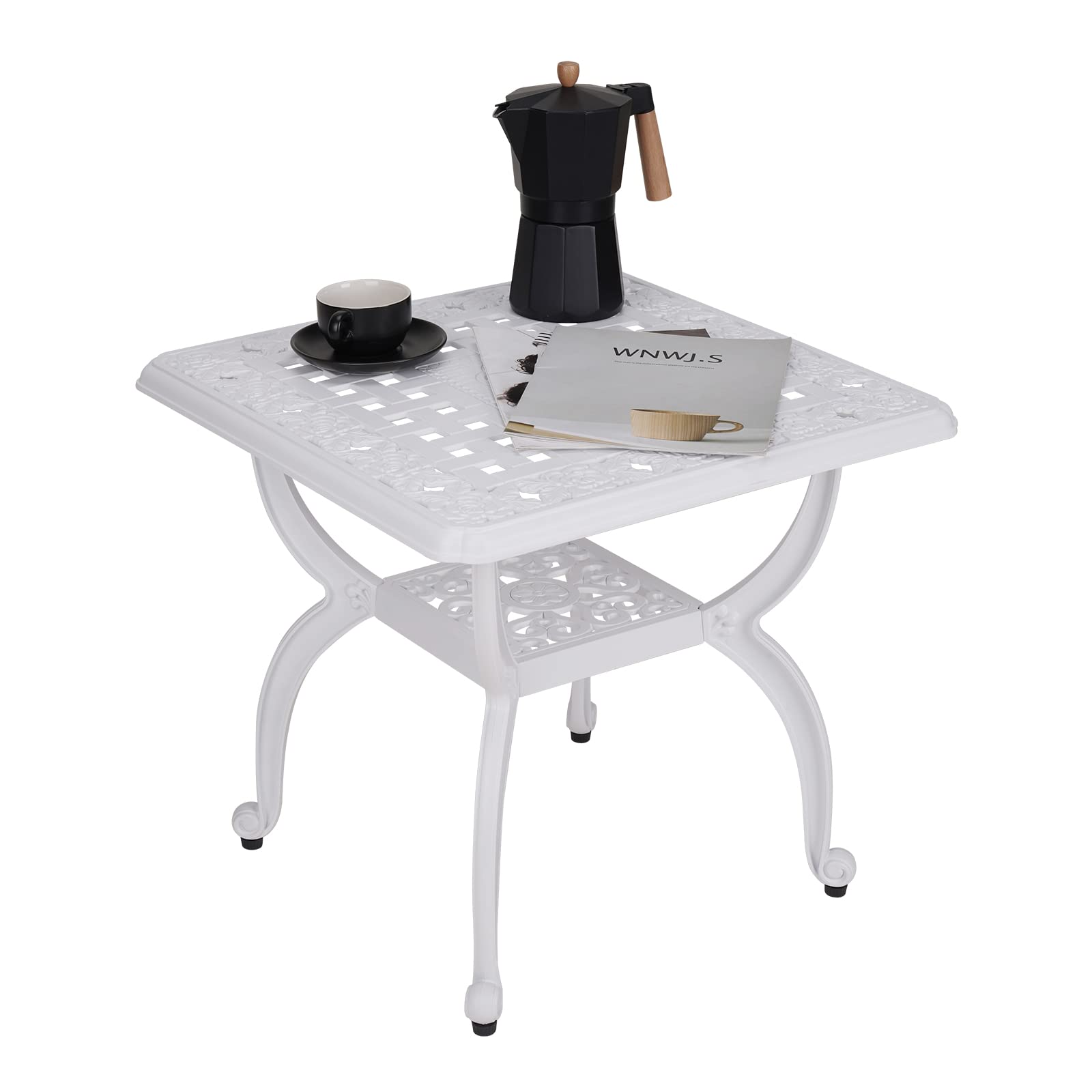 Jardin De Centennial Cast Aluminum Outdoor Side Table,Anti-Rust Outdoor End Table,Patio Coffee Bistro Table For Indoor,Garden,Porch,Balcony(Square White)