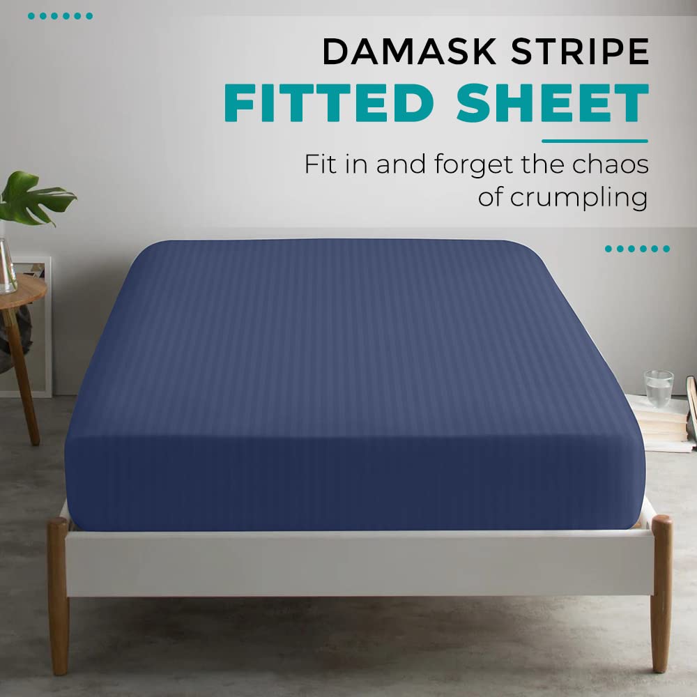 Feather & Stitch 100% Cotton 1 Piece Damask Stripe Full Fitted Sheet 500 Thread Count Dark Blue 18' Extra Deep Pocket Luxury Sateen Weave Stretchable Boxer Elastic Fits Mattress Perfectly