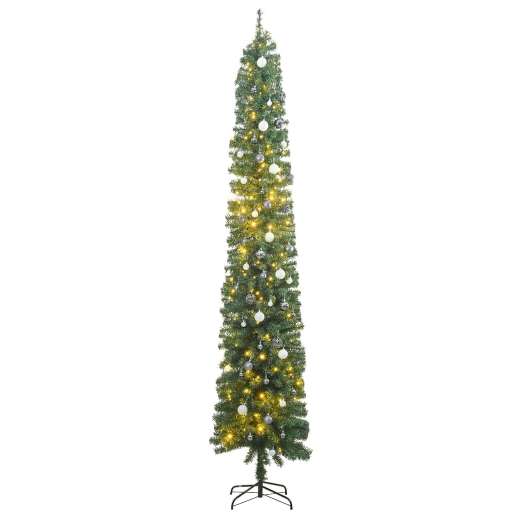 vidaXL Slim Festive Christmas Tree with 300 LEDs and Ball Set, Compact Size for Limited Spaces, Various Lighting Modes, Sturdy Metal Stand, 106.3" Height, Green