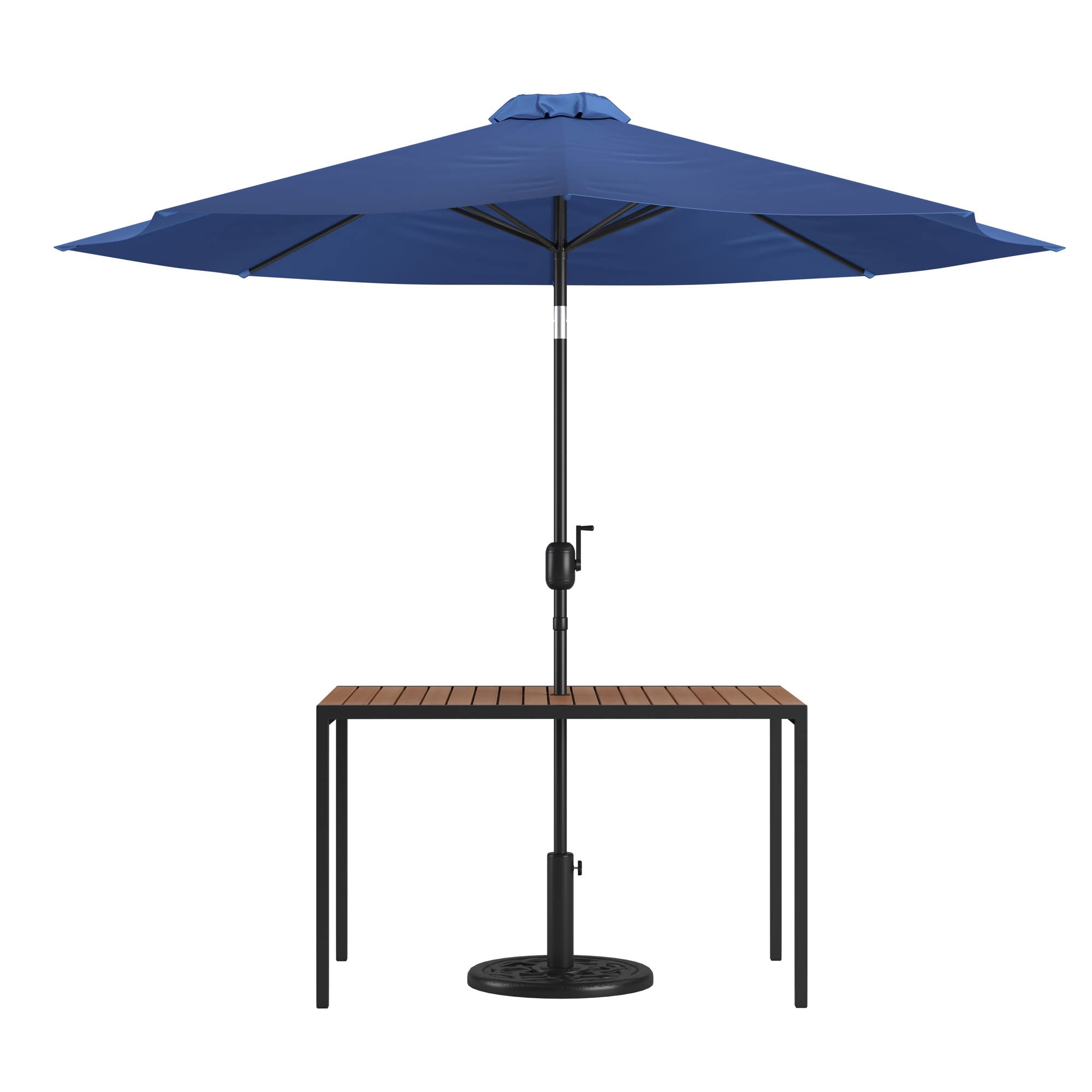 Flash Furniture Lark 3 Piece Outdoor Patio Table Set - Natural Faux Teak Dining Table - 30&quot; x 48&quot; Synthetic Teak Patio Table with Navy Umbrella and Base