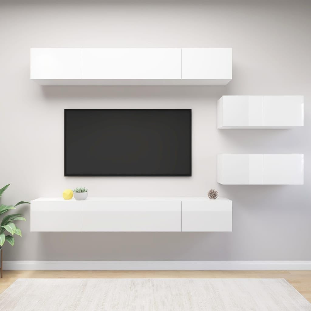 vidaXL TV Cabinet Set 6 Piece Living Room Bedroom Furniture HiFi Stereo Cabinet TV Stand Media Entertainment Center Engineered Wood High Gloss White